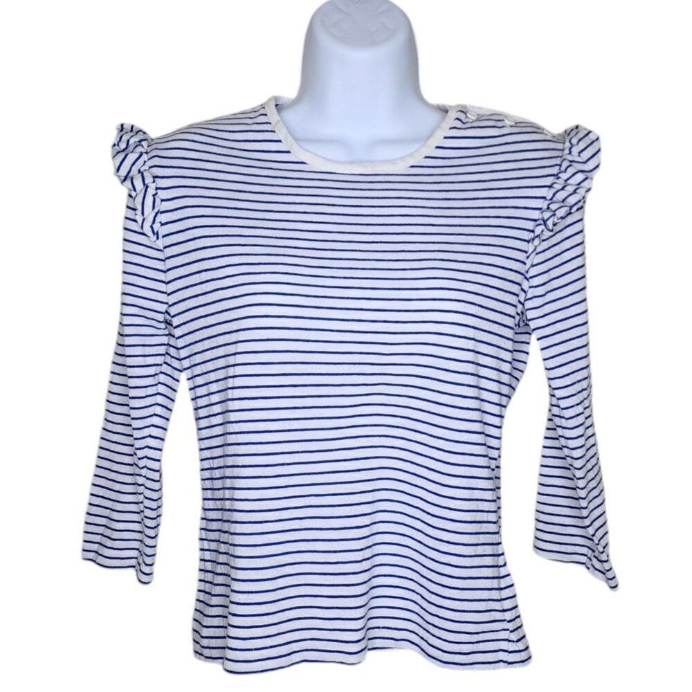 Vintage 80s Stiped Ruffled Sweet Nautical Pullover Top Womens S Blue